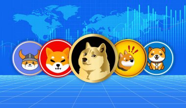 Dijital arkaplanda çeşitli memecoin logoları var. 3d illüstrasyon.