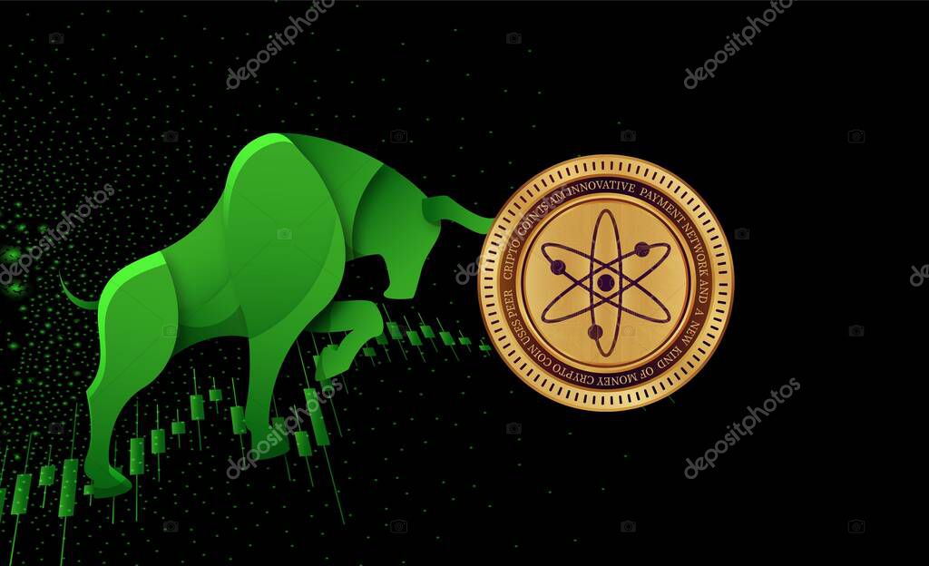 Images of cosmos-atom cryptocurrency on digital background. 3d illustrations.