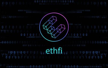 Dijital arkaplanda ether.fi-ethfi kripto para birimi logosu resimleri. 3d illüstrasyon.