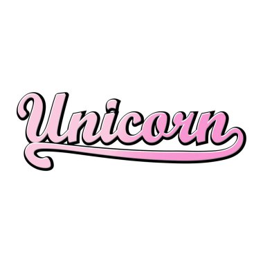 Beyaz arkaplanda pembe eğimli tek boynuzlu at metni