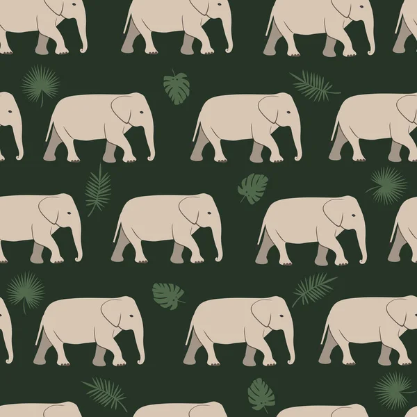 Απρόσκοπτη Μοτίβο Ελέφαντα Τροπικά Φύλλα Σκούρο Πράσινο Φόντο — Διανυσματικό Αρχείο