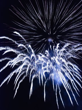 Gece gökyüzüne karşı ışıldayan havai fişekler. Kutlama için soyut arka plan Mutlu Noeller, doğum günleri, Zafer Günü, bağımsızlık, tatiller, kutlama, parti, festival, yeni yıl konsepti