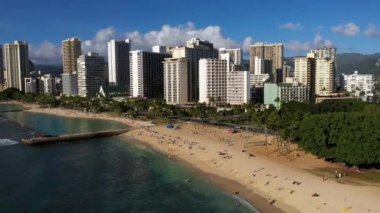 Kumsal boyunca okyanus üzerinde uçan bir hava aracı.