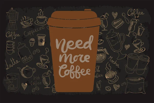 Bisogno Altro Caffè Iscrizione Sulla Tazza Caffè Tazza Caffè Sfondo — Vettoriale Stock