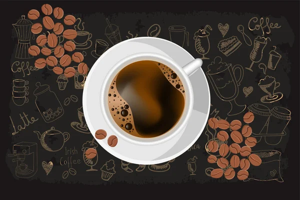 Caffè Gesso Concetto Illustrato Sfondo Nero Tazza Caffè Bianco Vista — Vettoriale Stock