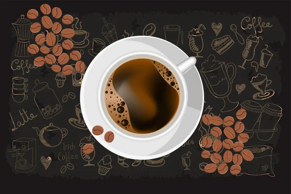 Kahve tebeşiri resimli siyah arka plan - beyaz kahve fincanı, tebeşirle çizilmiş resimli kahve, fasulye, sabah, kafede espresso, kahvaltı. Sabah kahvesi