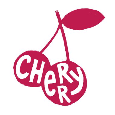 Amblem için taze kiraz meyvesi, logo, imza, rozet renginde, içi boş şeffaf harflerle. Huysuz El kaba taslak çizim.