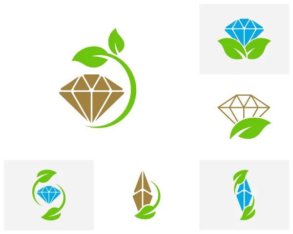 Набор Векторных Шаблонов Логотипа Diamond Логотипом Leaf Концепция Логотипа Creative — стоковый вектор