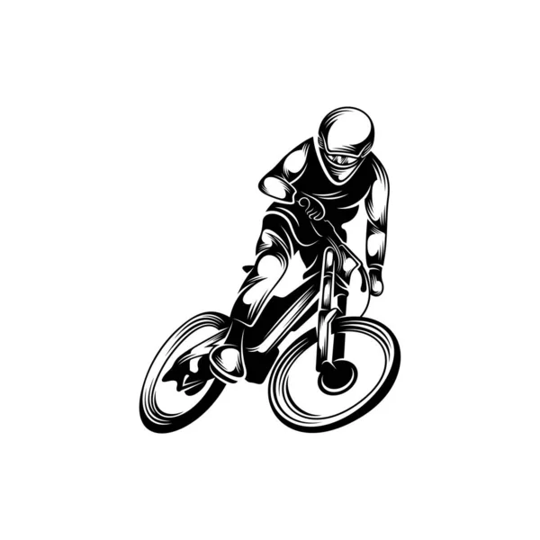 マウンテンバイクダウンヒルのロゴベクトルイラスト ダウンヒル選手シルエットデザイン — ストックベクタ