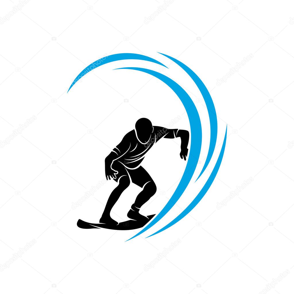 Surfing with water wave logo vector template, Illustration symbol, Silhouette design