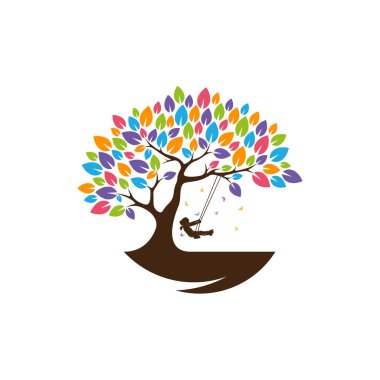 Renkli Ağaç Çocukları oyuncu logo vektör şablonu, illüstrasyon sembolü, yaratıcı tasarım