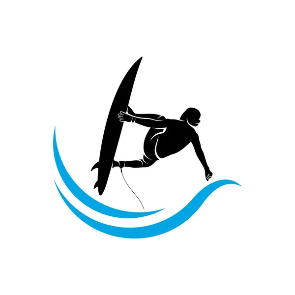 Surfer Avec Modèle Vectoriel Logo Vague Eau Symbole Illustration Conception — Image vectorielle