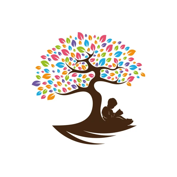 Árbol Colorido Con Niños Leer Libro Sueño Logo Vector Plantilla — Archivo Imágenes Vectoriales