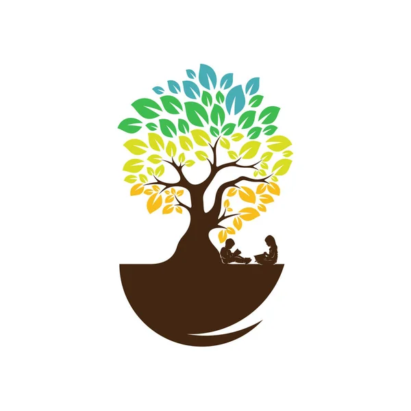 Árbol Colorido Con Niños Leer Libro Sueño Logo Vector Plantilla — Vector de stock