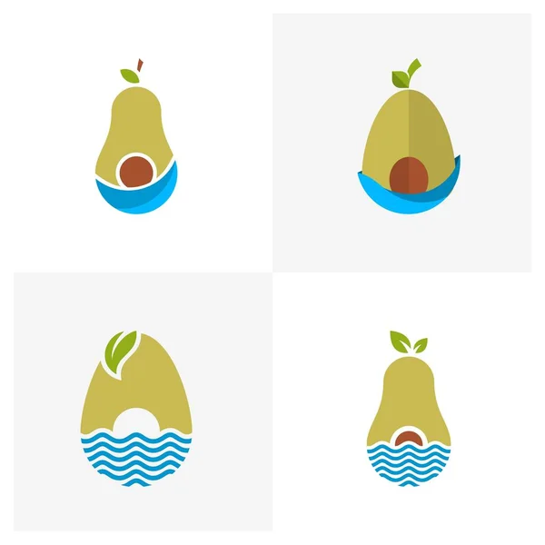 Avokado Meyve Logo Şablonu Seti Avokado Yarısı Yaprak Vektör Tasarımlı — Stok Vektör
