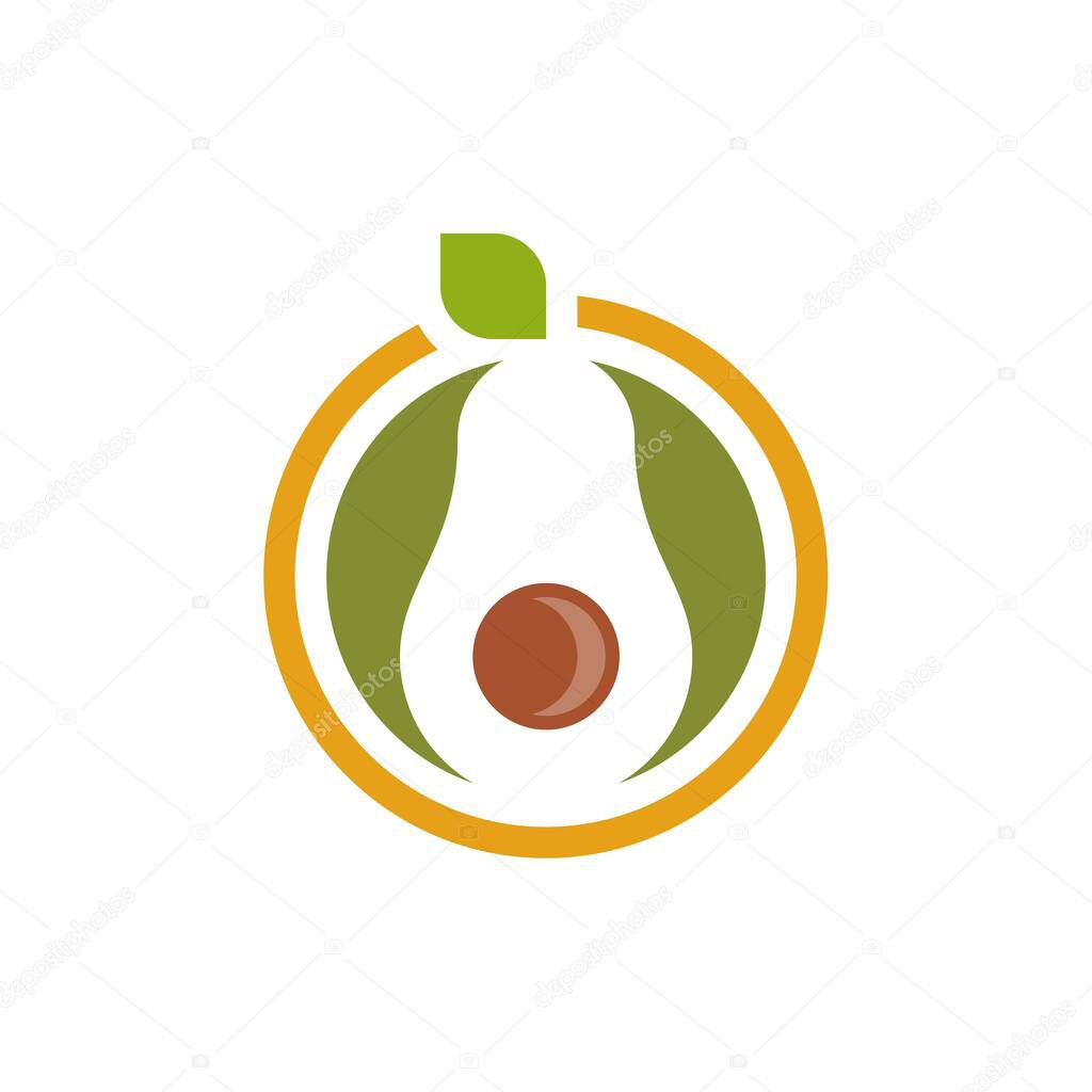 Avocado fruit logo template. Avocado half with leaf vector design. Health food logotype