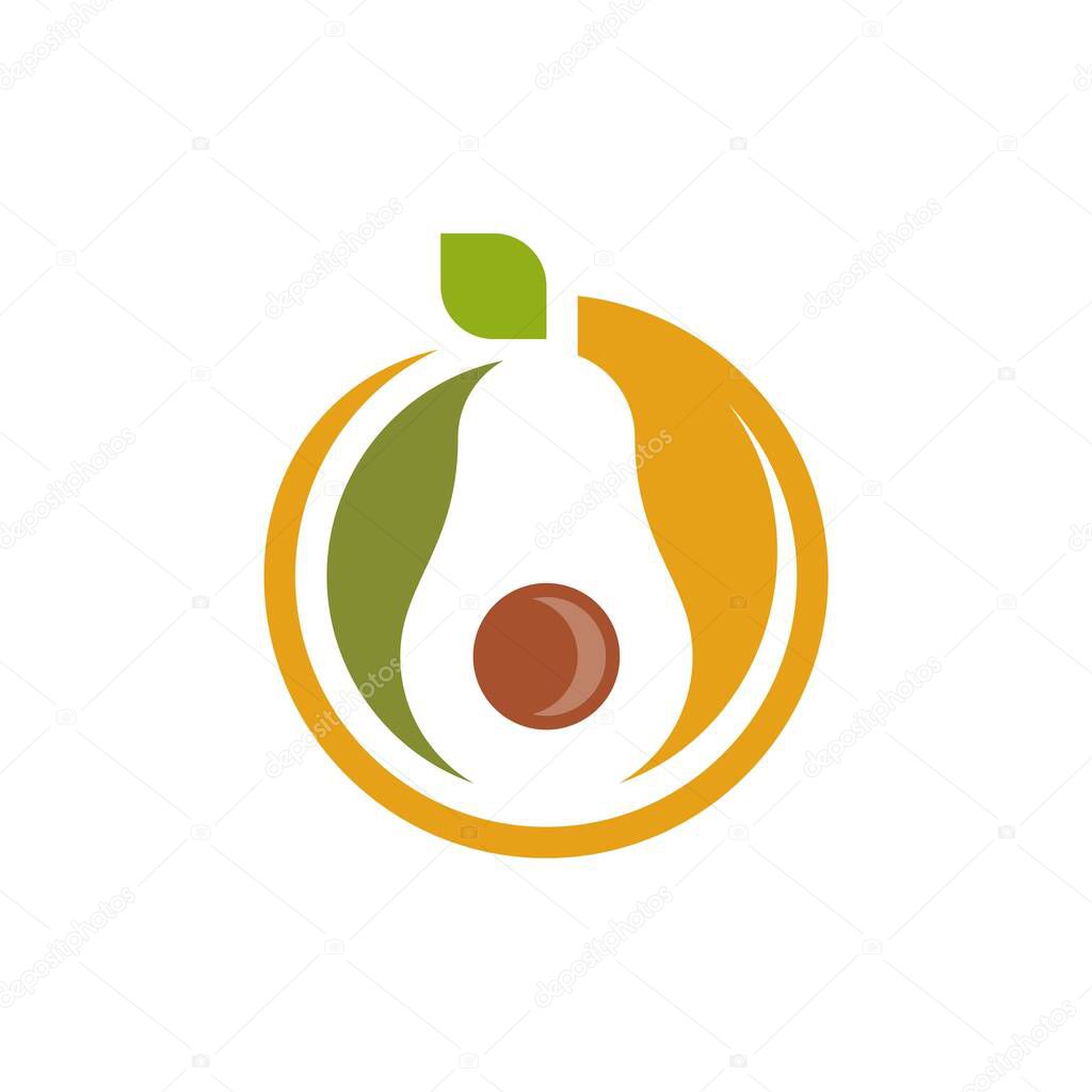 Avocado fruit logo template. Avocado half with leaf vector design. Health food logotype