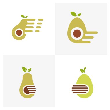 Avokado meyve logo şablonu seti. Avokado yarısı yaprak vektör tasarımlı. Sağlıklı gıda logosu