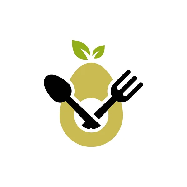 鳄梨果标识模板 鳄梨一半与勺子和叉子向量设计 健康食品标识类型 — 图库矢量图片