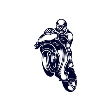 Motosiklet yarışçısı spor logosu tasarım taşıyıcısı. Motosiklet yarışçısının silueti. Şablon resimleme