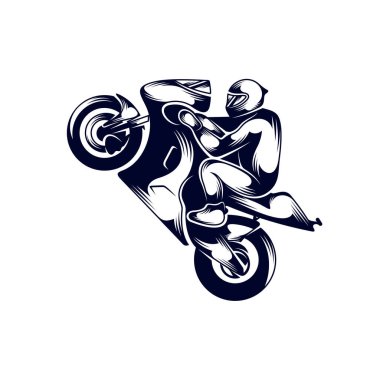 Motosiklet yarışçısı spor logosu tasarım taşıyıcısı. Motosiklet yarışçısının silueti. Şablon resimleme