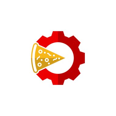 Pizza logosu tasarımı, vektör çizimi, Gear Concept tasarım logosu olan pizza. Gıda logo şablonu