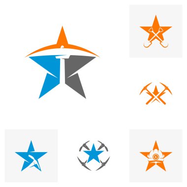 Yıldız konseptli maden logosu şablonu. Modaya uygun tek renkli vektör illüstrasyonu.