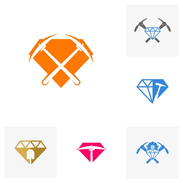 Ensemble Modèle Logo Minier Avec Concept Diamond Illustration Vectorielle Monochrome — Image vectorielle