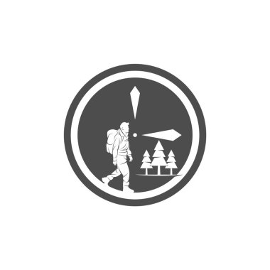 Saat logosu tasarım vektör şablonu olan bir tırmanıcı. Açık hava faaliyet logosu sembolü