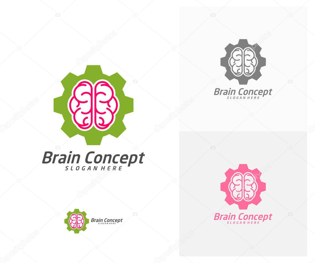 Brain with Gear Logo design vector template. Think idea concept. Brainstorm power thinking brain icon Logo.