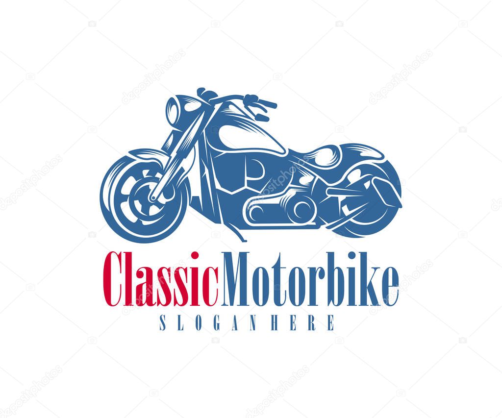 Motorcycle monochrome emblems, logo and motorbike badges with descriptions of custom bikes, classic garage. vector illustration