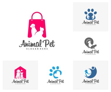 Evcil hayvan logosu köpek kedi tasarım şablonu seti. Hayvanlar için Veterinerlik Kliniği Logotype konsept özet simgesi.