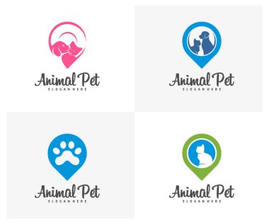 Point Pet Logo köpek kedi tasarım şablonu. Hayvanlar için Veterinerlik Kliniği Logotype konsept özet simgesi.