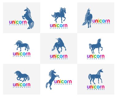 Unicorn logo tasarım vektör şablonu, uçan at tasarımı çizimi