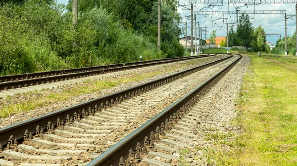 Vías Del Tren Eléctrico Día Soleado Brillante —  Fotos de Stock