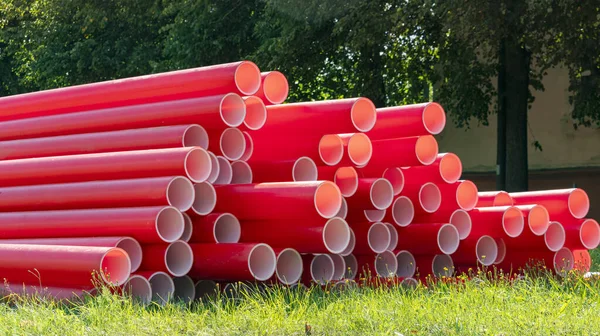 Tubi Plastica Rossa Acque Reflue Cantiere — Foto Stock