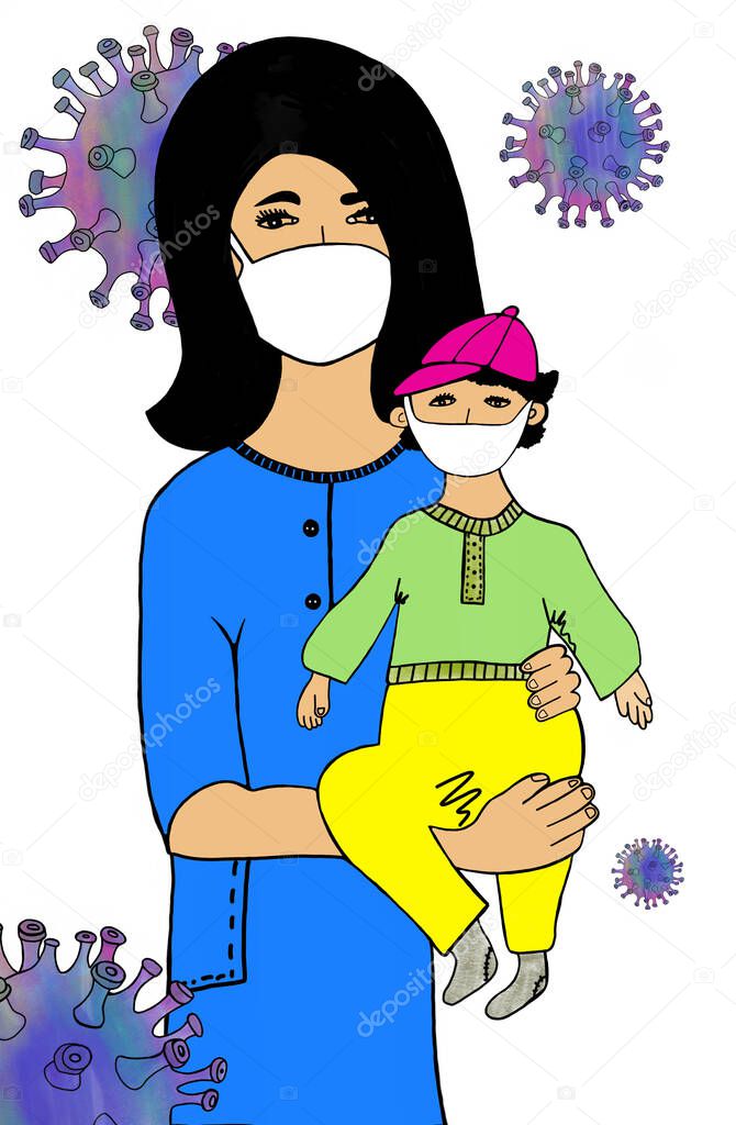 Woman with a child in protective masks
