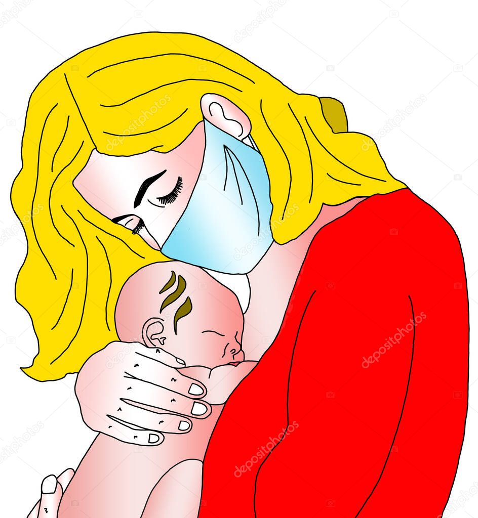 A mother in a mask holds the baby