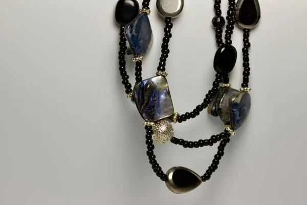 Close Abstract View Beautiful Vintage Necklace Stone Enamel Beads Black — Zdjęcie stockowe