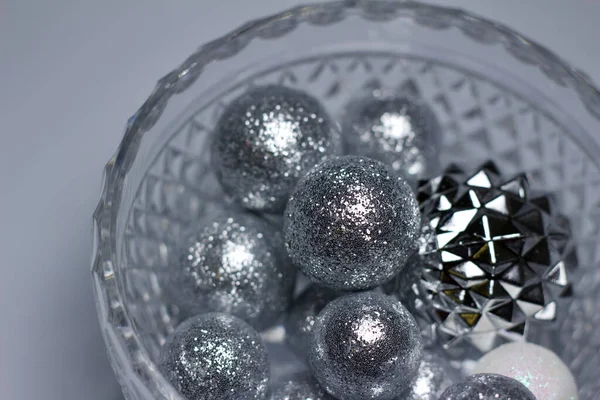 Close Abstract Art View Defocused Silver Color Glitter Ornament Balls — Stockfoto