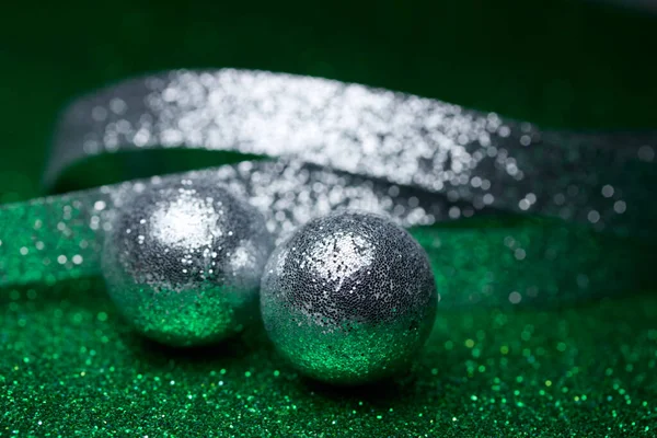 Close Abstract Art View Defocused Silver Color Glitter Ornament Balls — Stok fotoğraf
