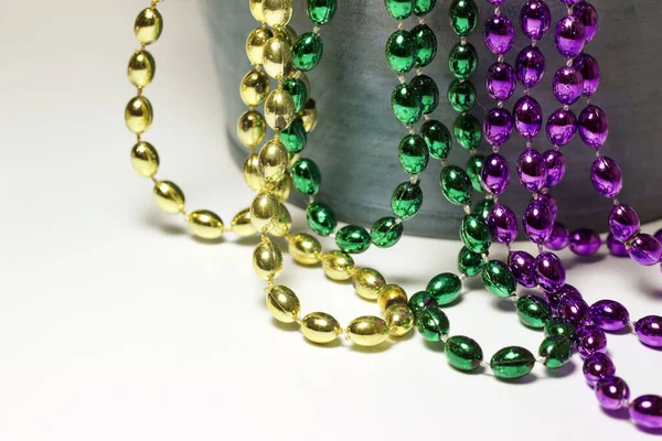 Colorful Strands Traditional Mardi Gras Beads Purple Gold Green Dangling — Stock Photo, Image