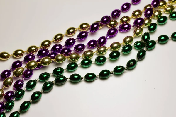 Colorful Strands Traditional Mardi Gras Beads Purple Gold Green Rows — Stock Photo, Image