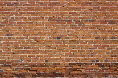 Kırmızı, turuncu ve kahverengiye boyanmış engebeli tuğlalarla antik kil duvar dokusu