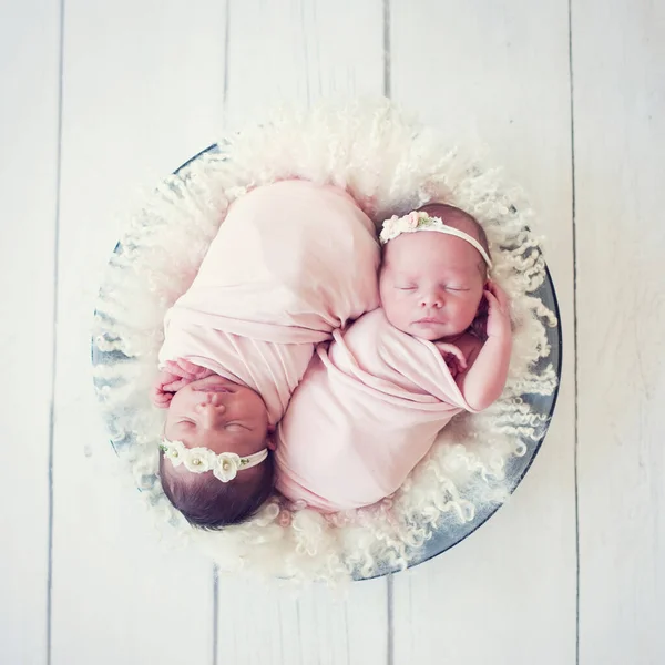 태어난 쌍둥이가 침대위에서 있습니다 아기들은 있습니다 태어나면서부터 사랑을 나누는 자매들 — 스톡 사진