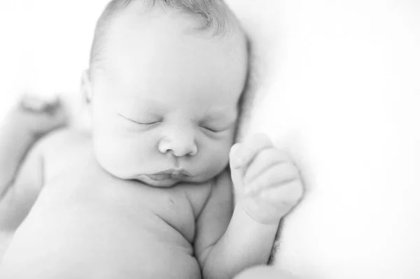 Satisfied Baby Sleeping Blanket Portrait Newborn Baby Black White Picture — Stock Photo, Image