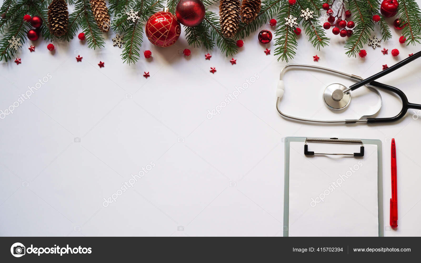 Christmas Medical Banner Fir Branches Cones Red Balls Snowflakes  Stethoscope Stock Photo by © 415702394