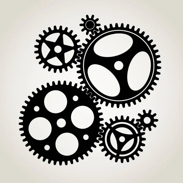 Includes Set Mechanical Gears Black Silhouettes Both Small Large Vector — Stock Vector