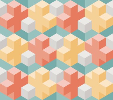 Kusursuz geometrik desen haç ve küp şekilleri. Renk sarı, turuncu, gri, mavi. Vektör illüstrasyonu.