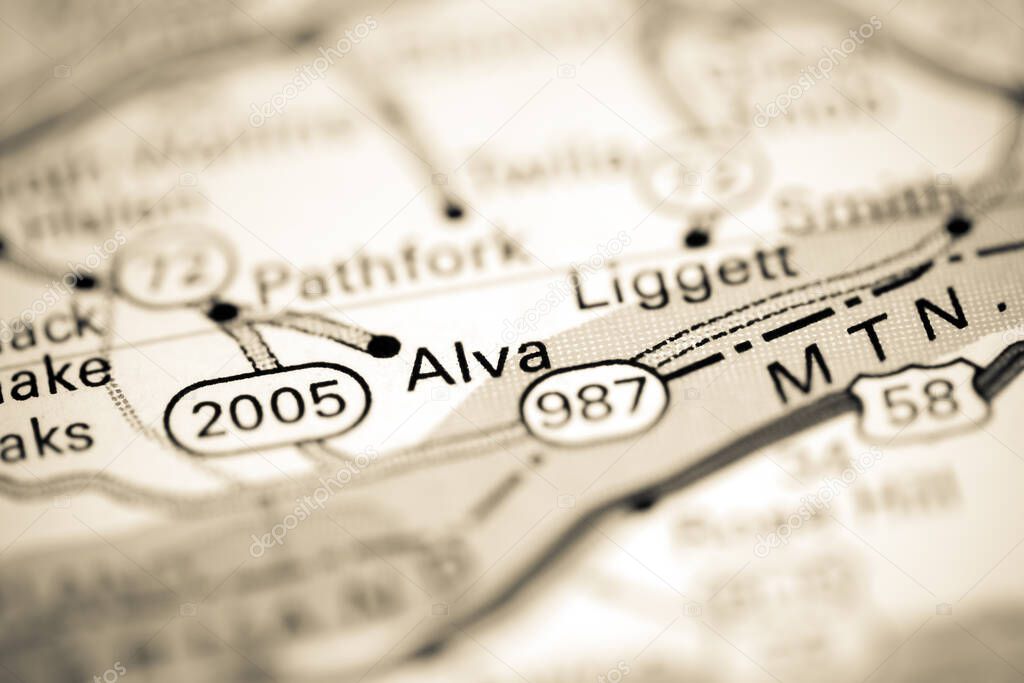 Alva. Kentucky. USA on a geography map